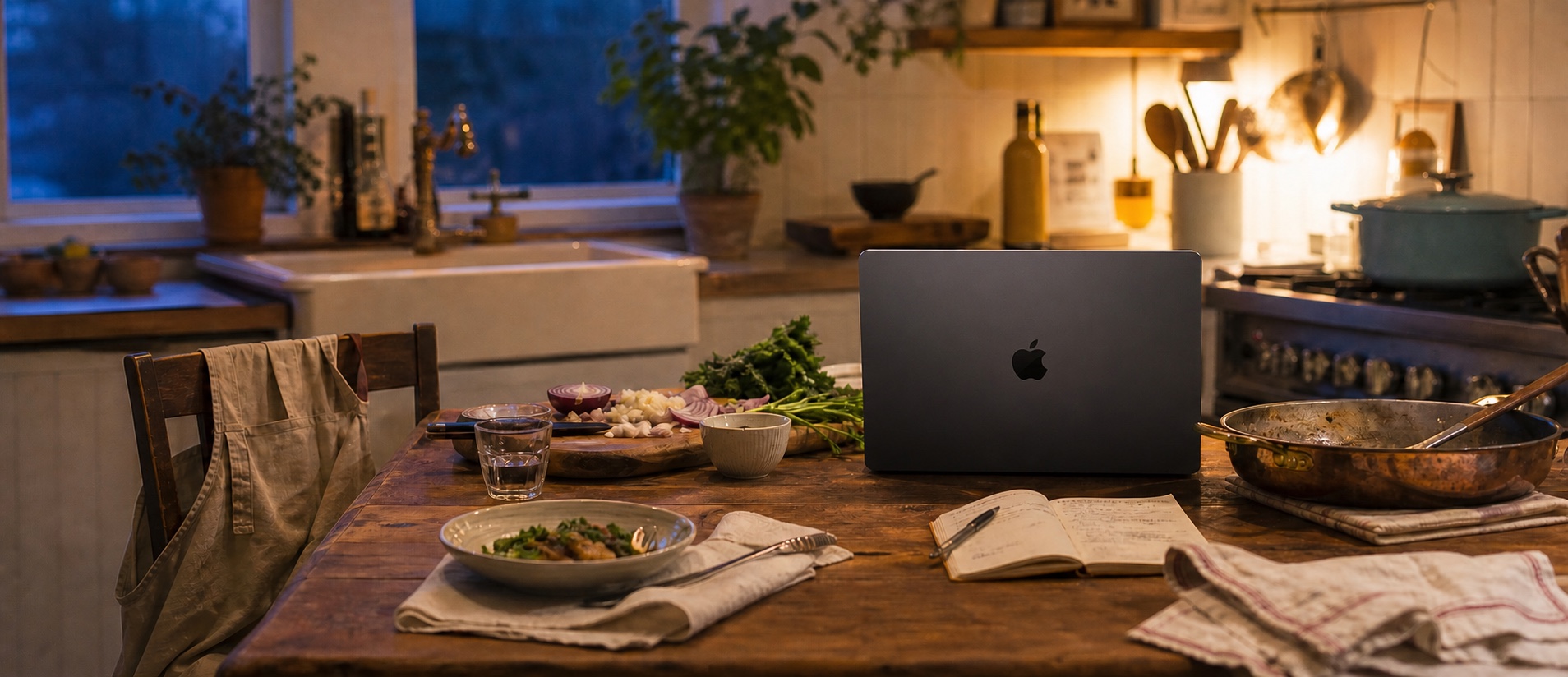 A home kitchen table where dinner preparation sits beside a laptop and notebook