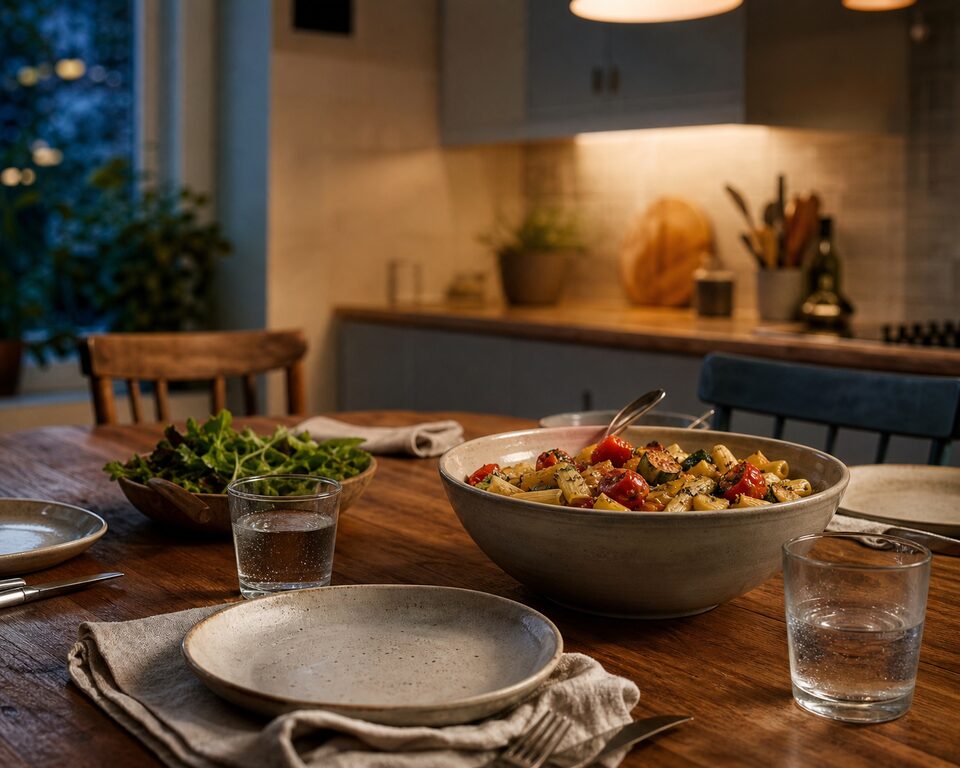 A warmly lit family dinner table in a kitchen at blue hour
